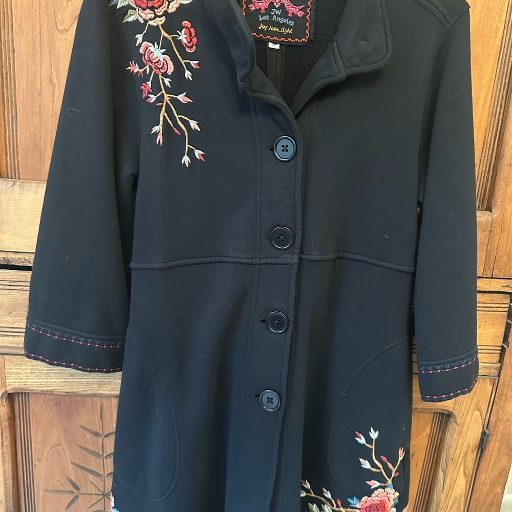 Johnny Was Black  Coat with Red Floral Embroidery